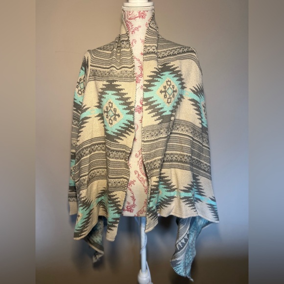 DREAMERS Gray Mint Aztec Southwestern Santa Fe Waterfall Open Cardigan sz Small - Picture 2 of 13